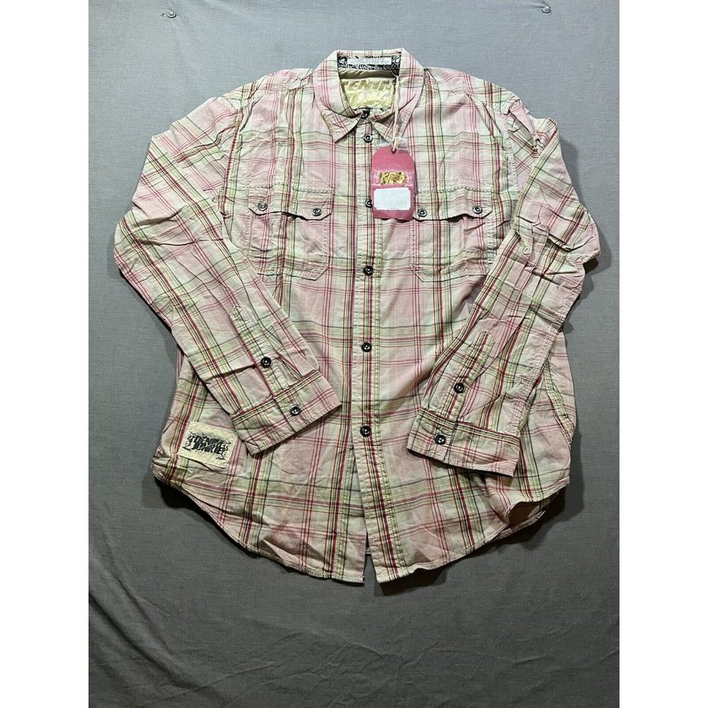 Denim Junkie Button Up Shirt Adult XL Beige Plaid Pocketed Long Sleeve Mens‎